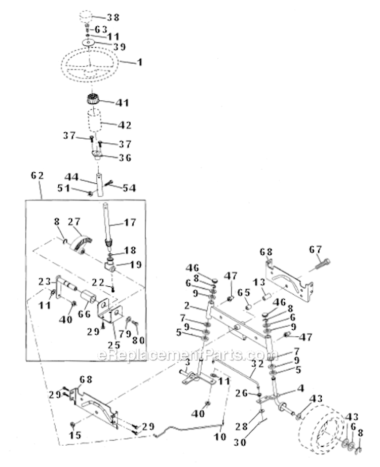 Steering Assembly Diagram and Parts List for HD12538J  Weed Eater Lawn Tractor
